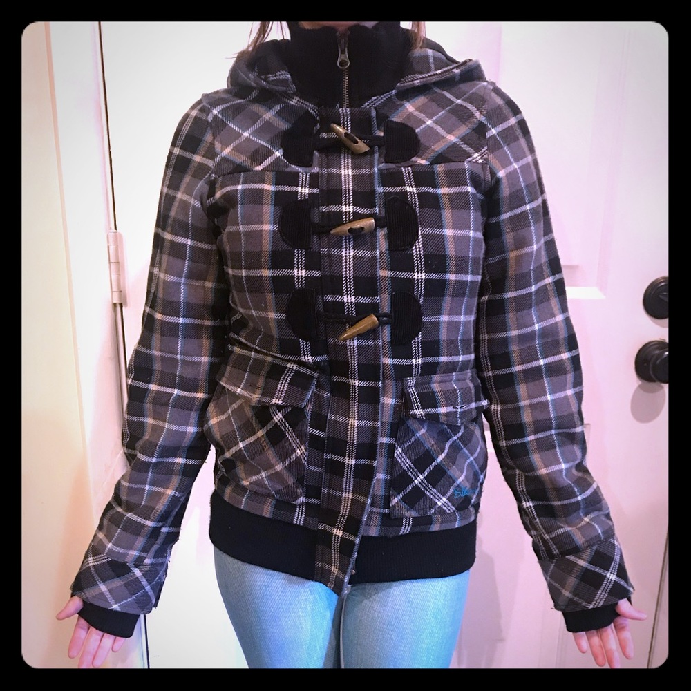 Billabong Wool Blend Plaid Winter Jacket Fur Hood
